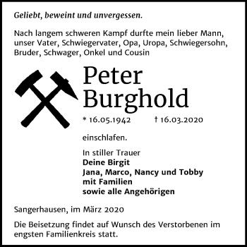 Traueranzeige von Peter Burghold von Mitteldeutsche Zeitung Sangerhausen