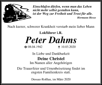 Traueranzeige von Peter Dahms von Super Sonntag Dessau-Roßlau