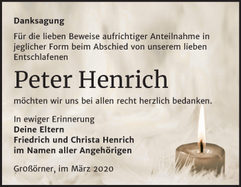 Traueranzeige von Peter Henrich von Mitteldeutsche Zeitung Mansfelder Land