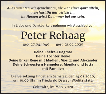 Traueranzeige von Peter Rehaag von Mitteldeutsche Zeitung Wittenberg