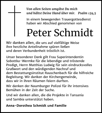 Traueranzeige von Peter Schmidt von Mitteldeutsche Zeitung Naumburg/Nebra