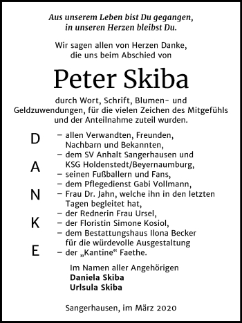 Traueranzeige von Peter Skiba von Mitteldeutsche Zeitung Sangerhausen