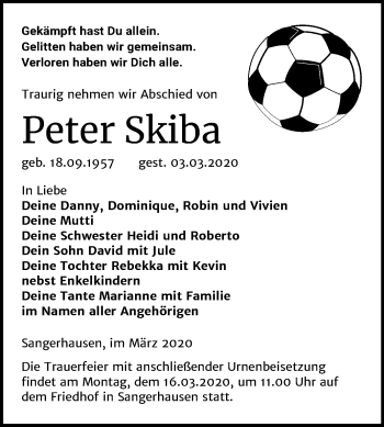 Traueranzeige von Peter Skiba von Mitteldeutsche Zeitung Sangerhausen