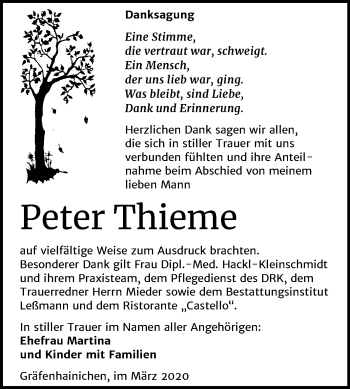 Traueranzeige von Peter Thieme von Mitteldeutsche Zeitung Wittenberg