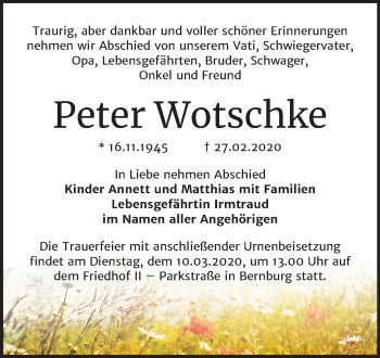 Traueranzeige von Peter Wotschke von Super Sonntag Bernburg