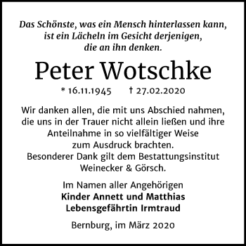 Traueranzeige von Peter Wotschke von Super Sonntag Bernburg