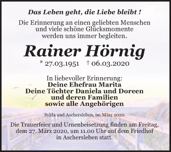 Traueranzeige von Rainer Hörnig von Super Sonntag Aschersleben / Mansfelder Land
