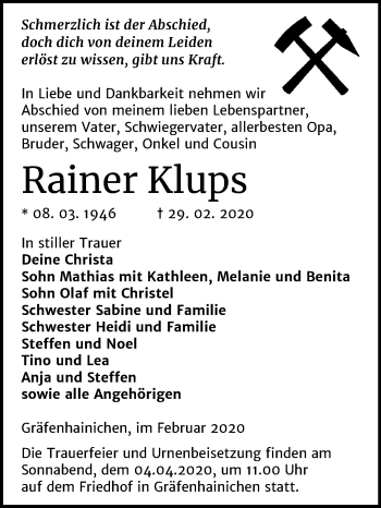 Traueranzeige von Rainer Klups von Wochenspiegel Bitterfeld