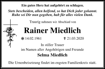 Traueranzeige von Rainer Miedlich von Super Sonntag Wittenberg
