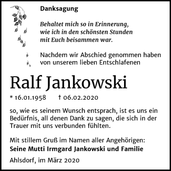 Traueranzeige von Ralf Jankowski von Wochenspiegel Mansfelder Land