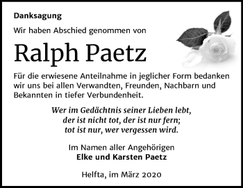 Traueranzeige von Ralph Paetz von Super Sonntag Mansfelder Land