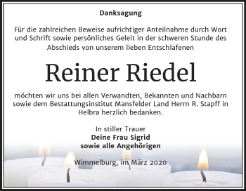 Traueranzeige von Reiner Riedel von Mitteldeutsche Zeitung Mansfelder Land