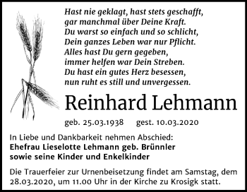 Traueranzeige von Reinhard Lehmann von Mitteldeutsche Zeitung Halle/Saalkreis