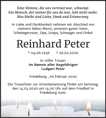 Traueranzeige von Reinhard Peter von Super Sonntag Mansfelder Land