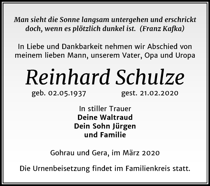  Traueranzeige für Reinhard Schulze vom 21.03.2020 aus Mitteldeutsche Zeitung Wittenberg / Merseburg/Querfurt