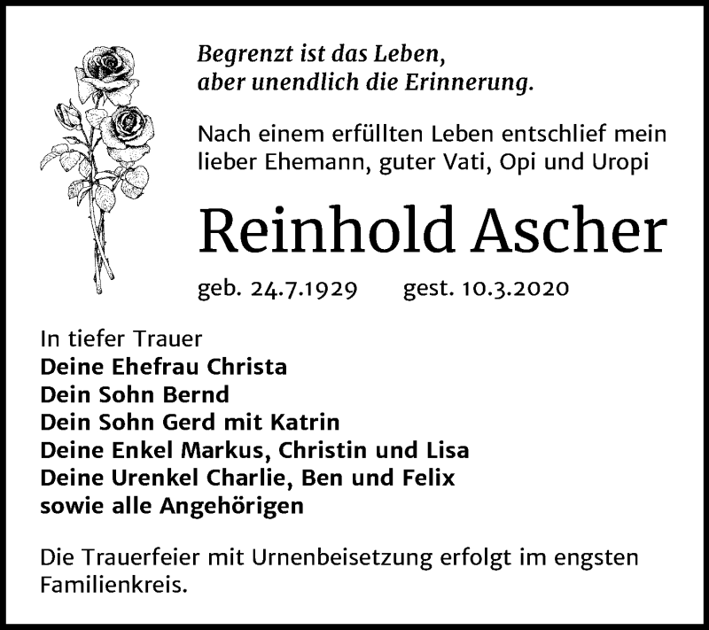  Traueranzeige für Reinhold Ascher vom 21.03.2020 aus Mitteldeutsche Zeitung Bitterfeld