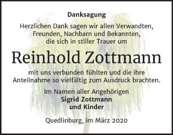 Traueranzeige von Reinhold Zottmann von Super Sonntag Quedlinburg