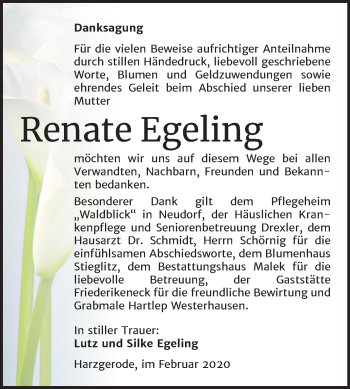 Traueranzeige von Renate Egeling von Mitteldeutsche Zeitung Quedlinburg