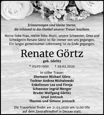 Traueranzeige von Renate Görtz von Mitteldeutsche Zeitung Wittenberg