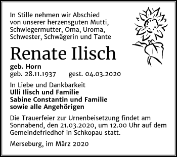 Traueranzeige von Renate Ilisch von Super Sonntag Merseburg/Querfurt