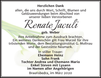 Traueranzeige von Renate Jaculi von Super Sonntag Merseburg/Querfurt