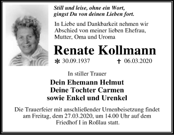 Traueranzeige von Renate Kollmann von Super Sonntag Dessau-Roßlau