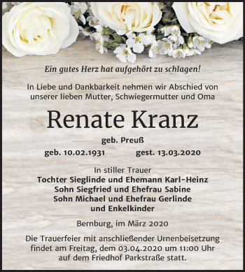 Traueranzeige von Renate Kranz von Mitteldeutsche Zeitung Bernburg