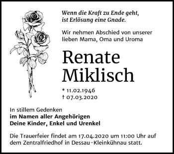 Traueranzeige von Renate Miklisch von Super Sonntag Dessau-Roßlau