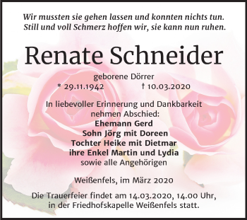 Traueranzeige von Renate Schneider von Mitteldeutsche Zeitung Weißenfels