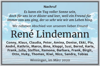 Traueranzeige von René Lindemann von Mitteldeutsche Zeitung Aschersleben