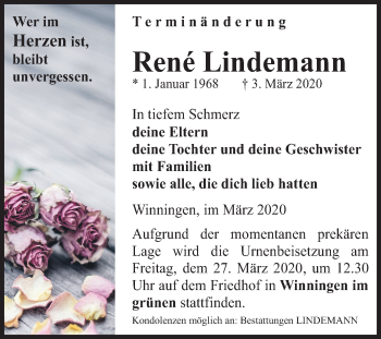 Traueranzeige von René Lindemann von Mitteldeutsche Zeitung Aschersleben