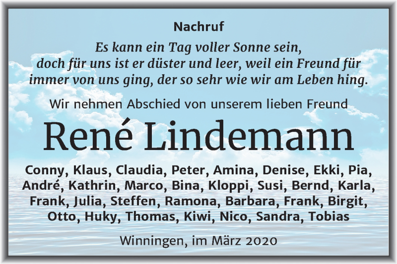  Traueranzeige für René Lindemann vom 21.03.2020 aus Mitteldeutsche Zeitung Aschersleben