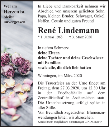 Traueranzeige von René Lindemann von Super Sonntag Aschersleben