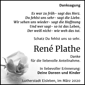 Traueranzeige von René Plathe von Mitteldeutsche Zeitung Mansfelder Land