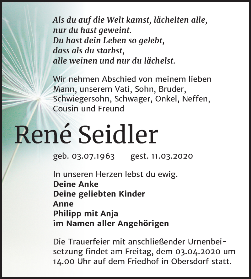  Traueranzeige für René Seidler vom 21.03.2020 aus Mitteldeutsche Zeitung Sangerhausen