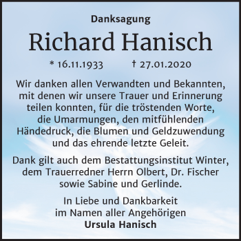 Traueranzeige von Richard Hanisch von Wochenspiegel Bitterfeld