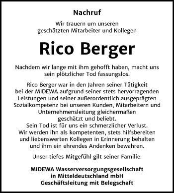 Traueranzeige von Rico Berger von Mitteldeutsche Zeitung Köthen
