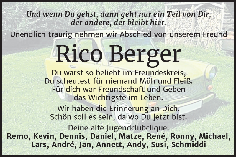  Traueranzeige für Rico Berger vom 21.03.2020 aus Super Sonntag Köthen