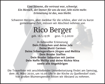 Traueranzeige von Rico Berger von Mitteldeutsche Zeitung Köthen