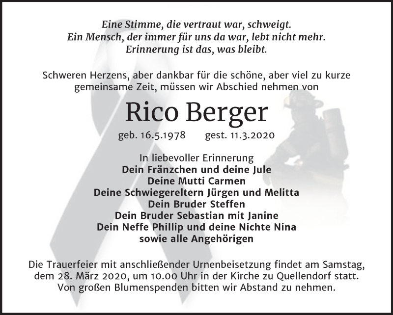  Traueranzeige für Rico Berger vom 17.03.2020 aus Mitteldeutsche Zeitung Köthen