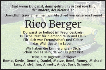 Traueranzeige von Rico Berger von Super Sonntag Köthen