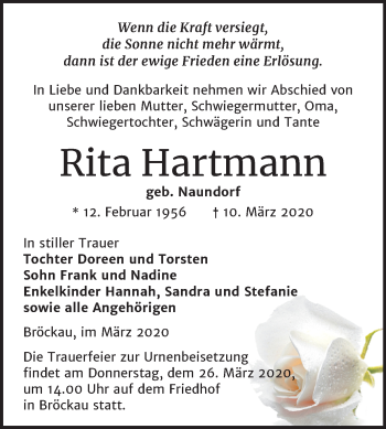 Traueranzeige von Rita Hartmann von Mitteldeutsche Zeitung Zeitz