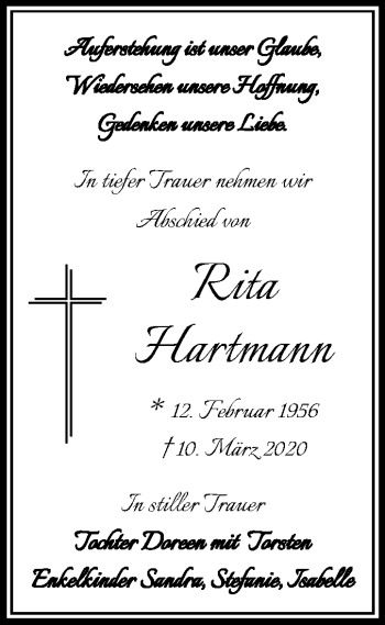 Traueranzeige von Rita Hartmann von Wochenspiegel Zeitz