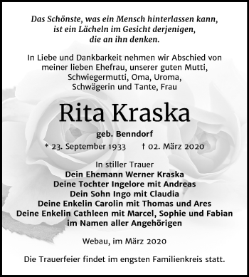 Traueranzeige von Rita Kraska von Wochenspiegel Weißenfels
