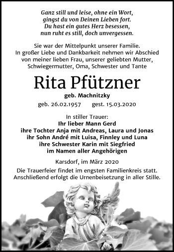 Traueranzeige von Rita Pfützner von Mitteldeutsche Zeitung Naumburg/Nebra