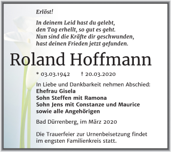 Traueranzeige von Roland Hoffmann von Super Sonntag Merseburg/Querfurt