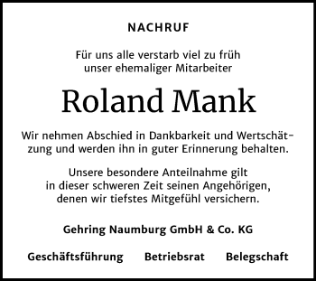 Traueranzeige von Roland Mank von Wochenspiegel Naumburg/Nebra