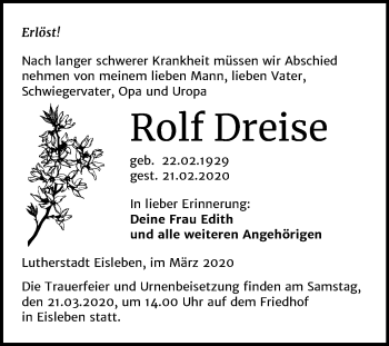 Traueranzeige von Rolf Dreise von Super Sonntag Mansfelder Land