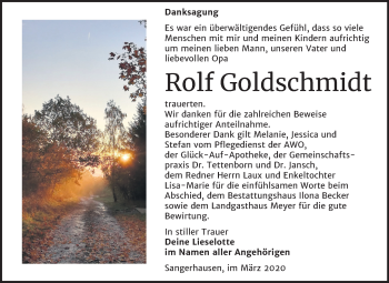 Traueranzeige von Rolf Goldschmidt von Mitteldeutsche Zeitung Sangerhausen