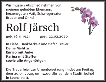 Traueranzeige von Rolf Järsch von Super Sonntag Merseburg/Querfurt